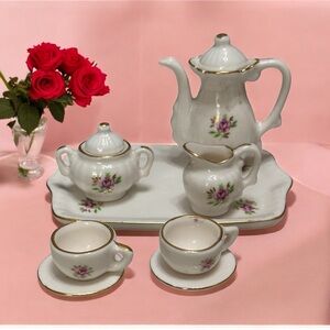 Vintage 10 Piece Porcelain Miniature Childs Tea Set Rose Pattern Gold Trim Edge